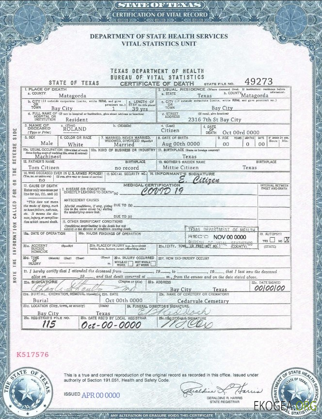 Modèle de certificat de décès de l'État du Texas aux États Unis au format PSD, entièrement modifiable, version 2